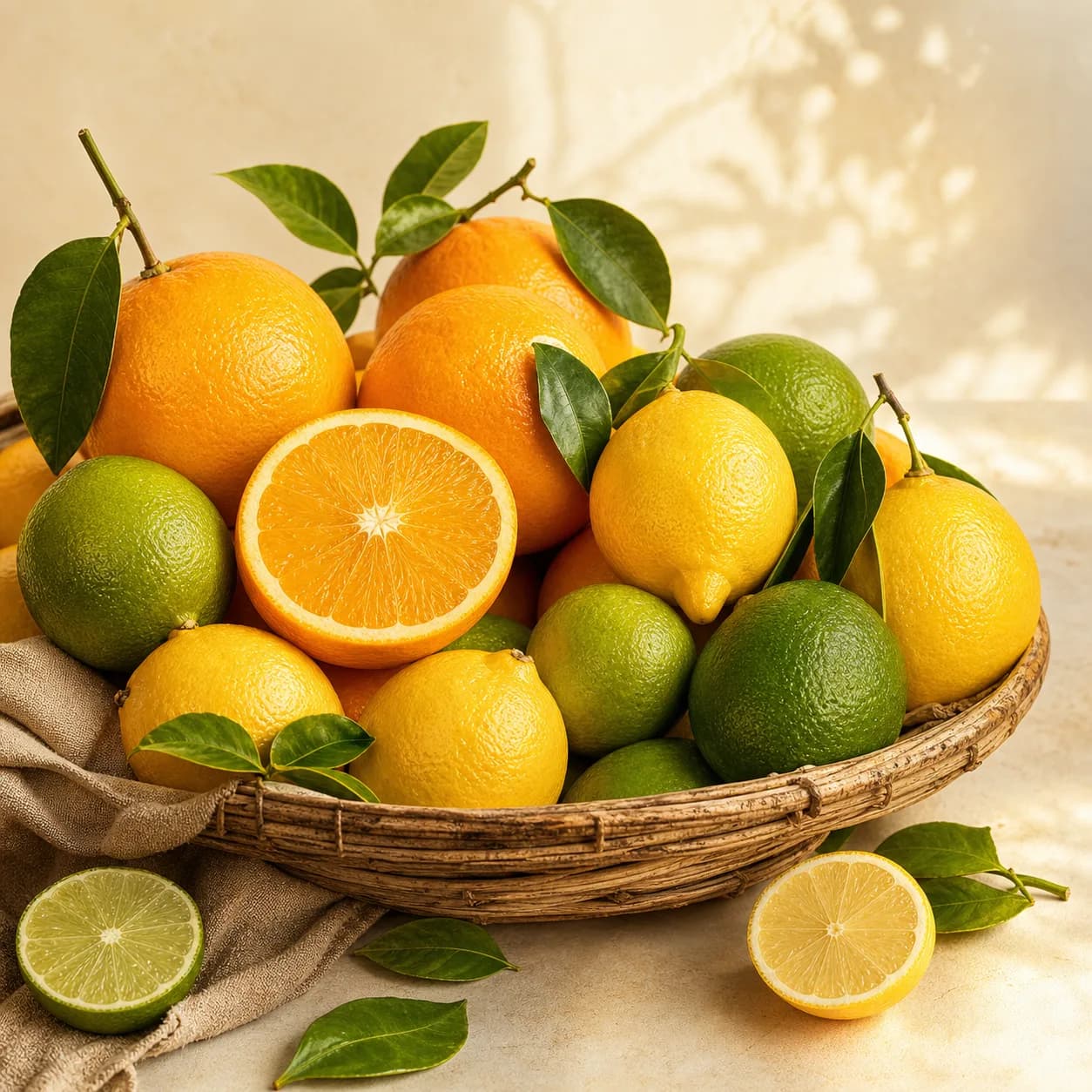 Naranjas, limones y limas frescas en canasta.