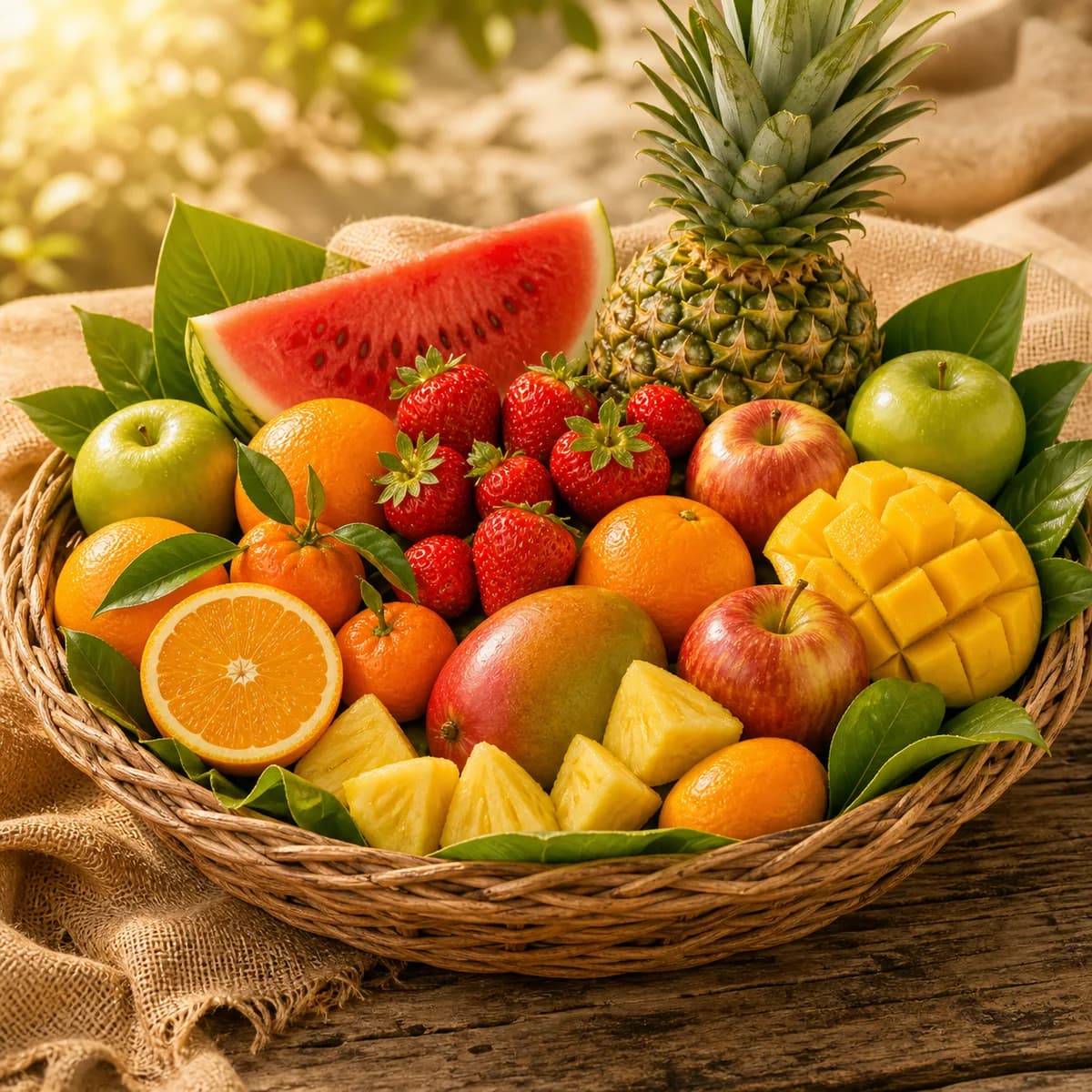 Canasta familiar con frutas frescas variadas.