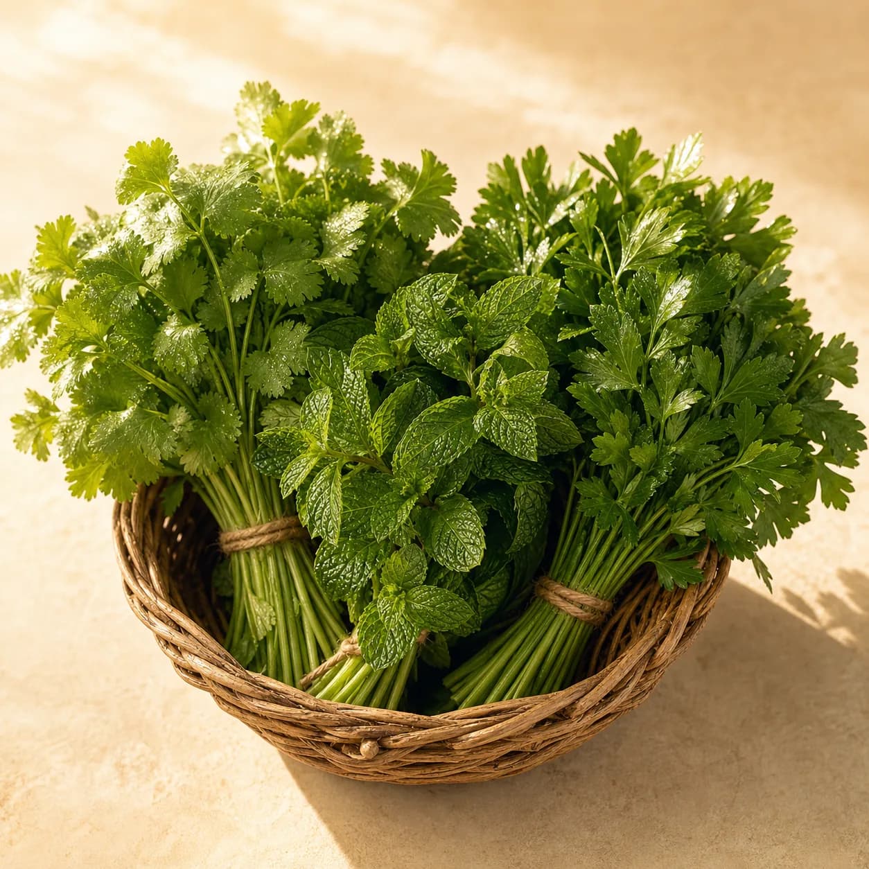 Cilantro, menta y perejil frescos en canasta.