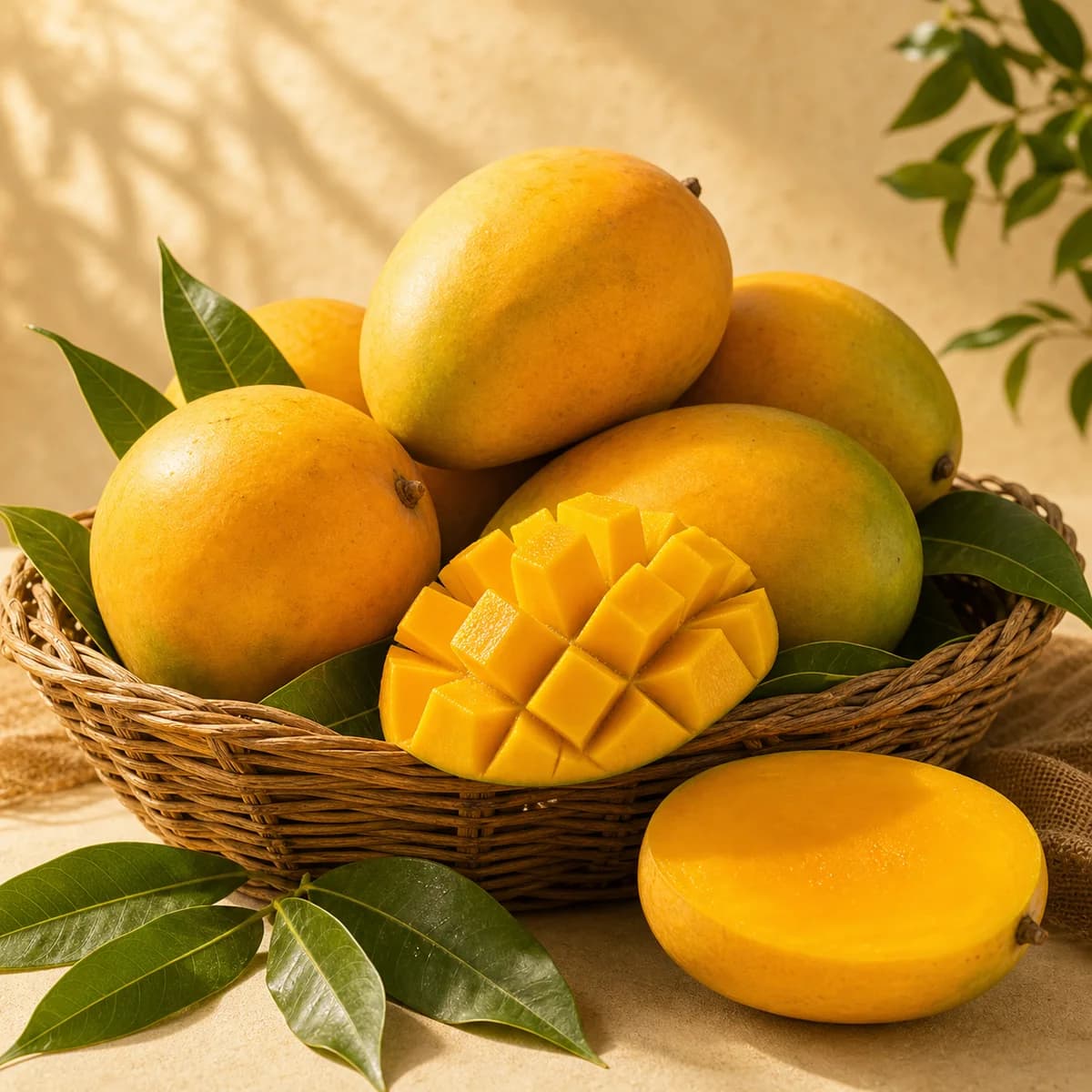 Mangos frescos en canasta con hojas verdes.