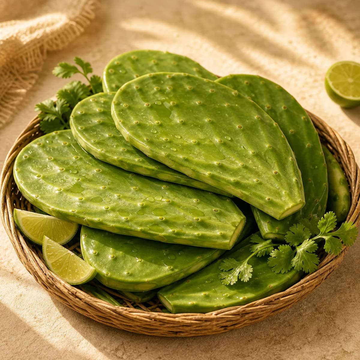 Nopales frescos en canasta con limón y cilantro.