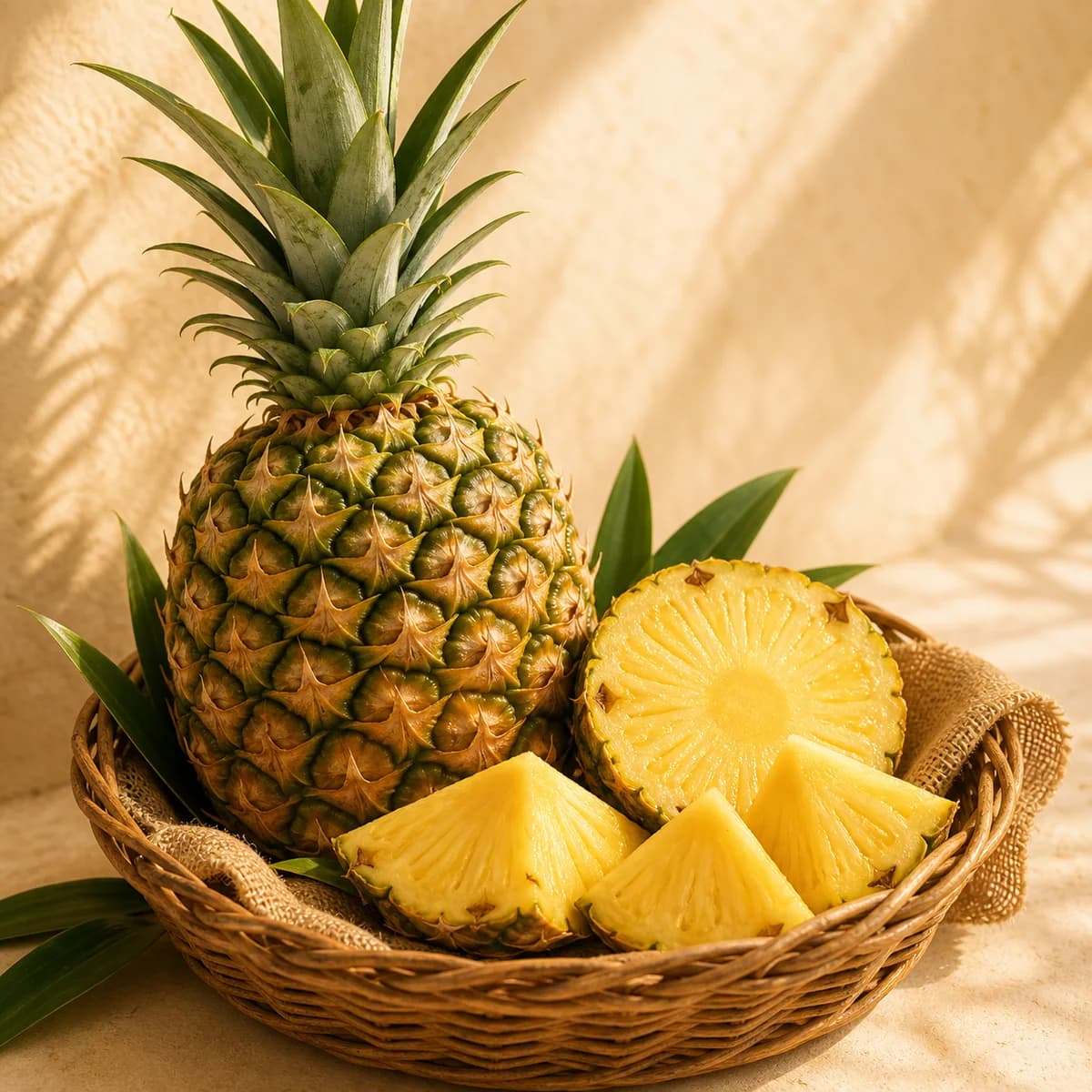 Piña fresca en canasta con luz cálida.