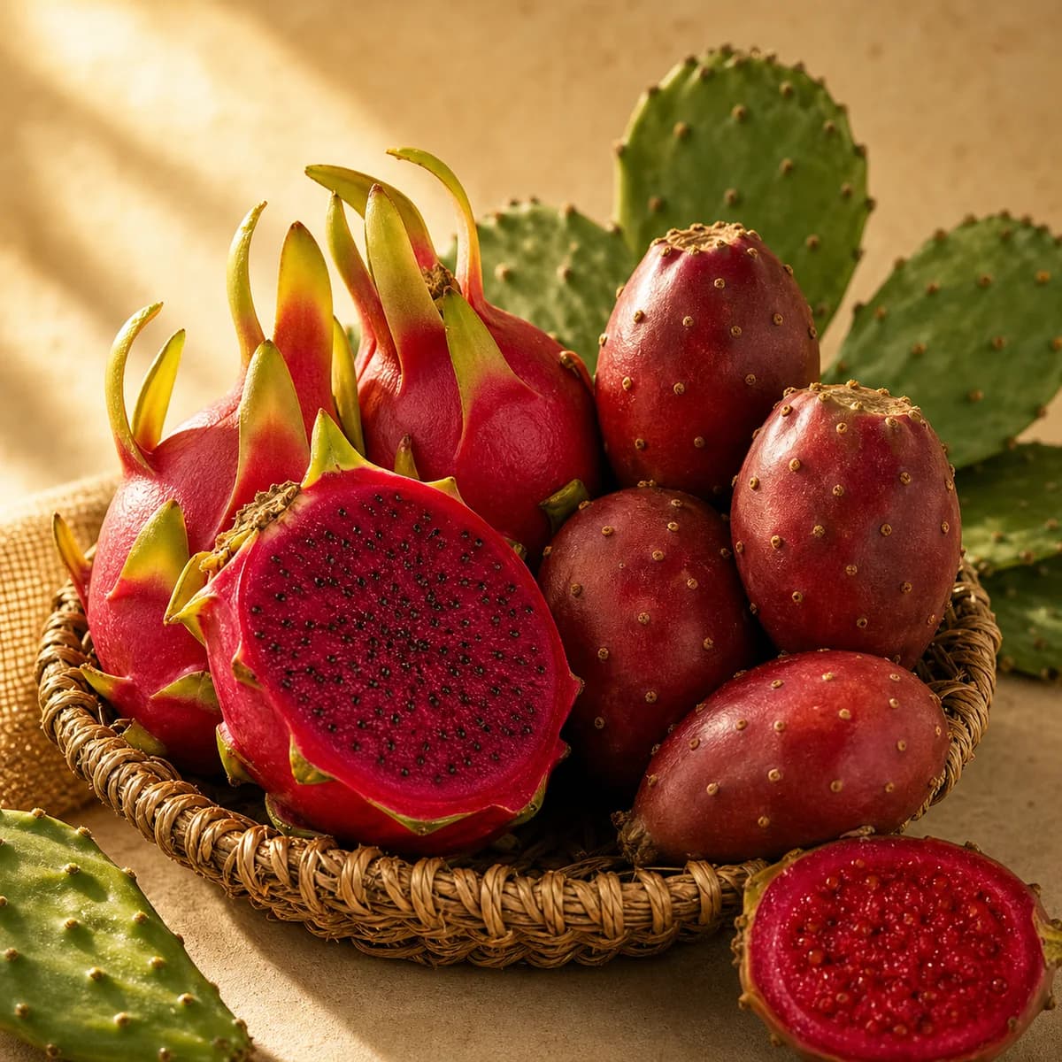 Pitaya y tuna roja frescas en una canasta.