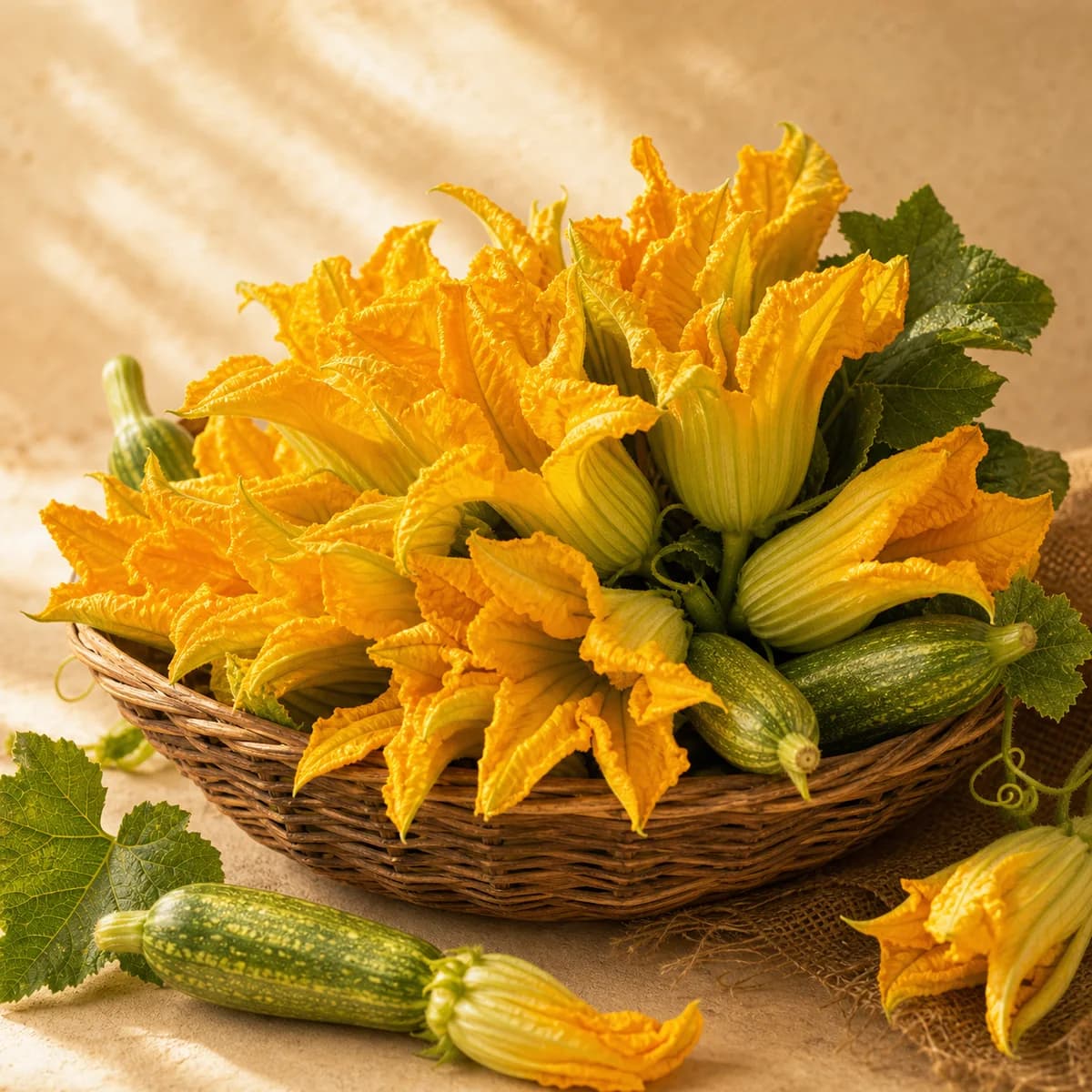 Flor de calabaza amarilla en canasta.