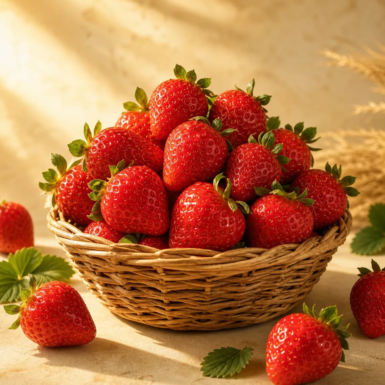 Fresas frescas en una canasta bajo luz dorada.
