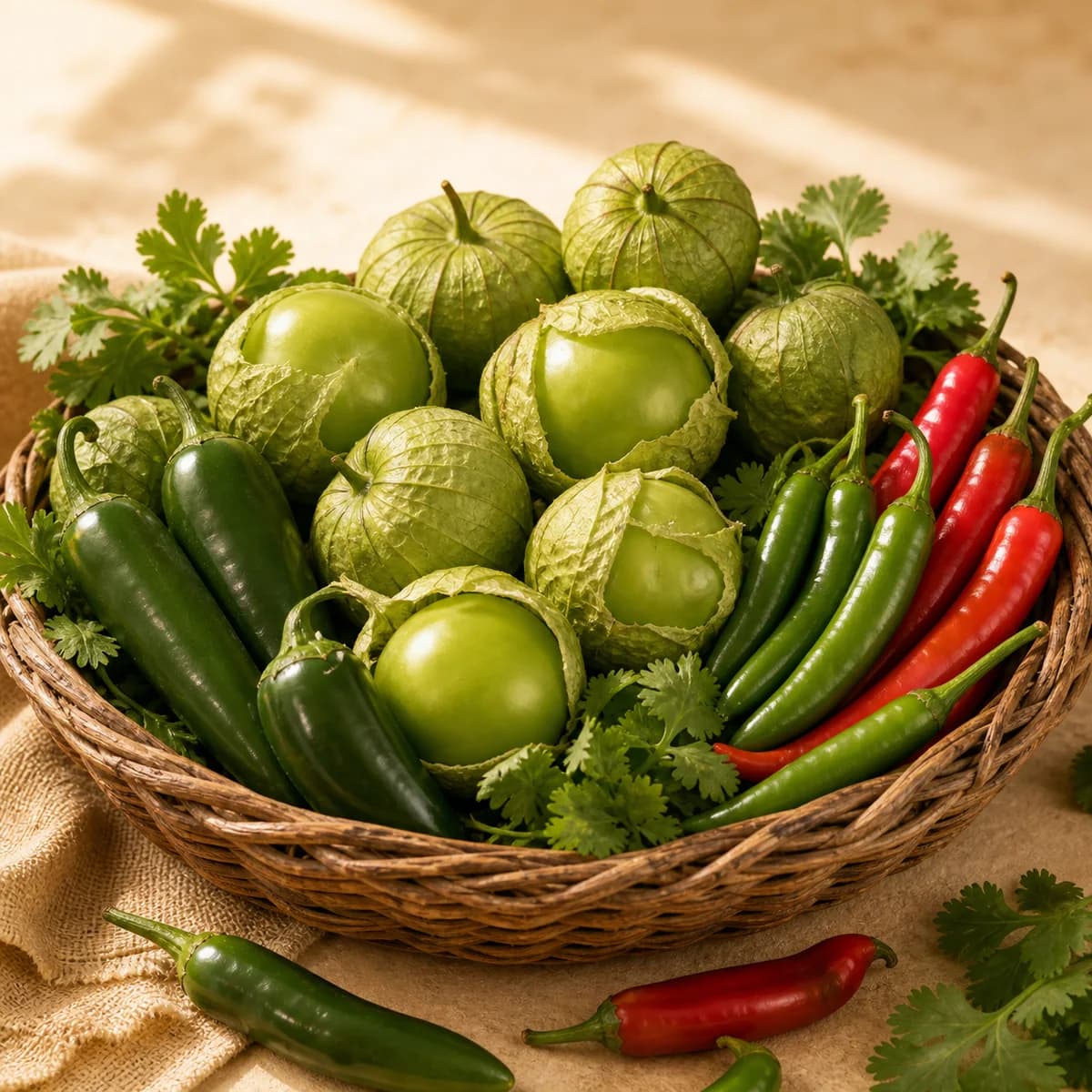 Tomatillos y chiles frescos en canasta.