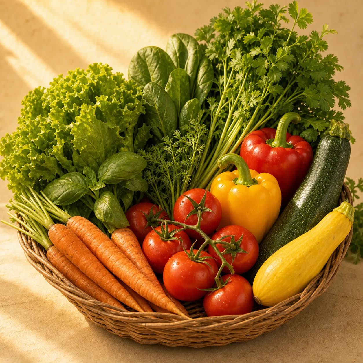 Verduras frescas variadas en una canasta.